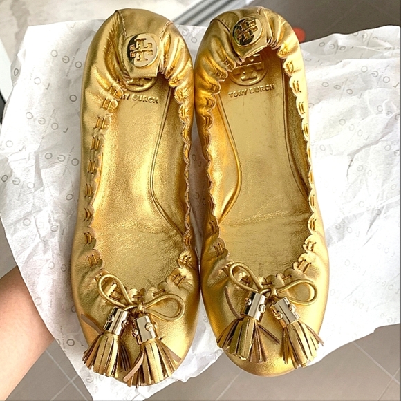 Tory Burch Gold Reese Tassel Leather BalletFlats🌴 - Picture 1 of 9
